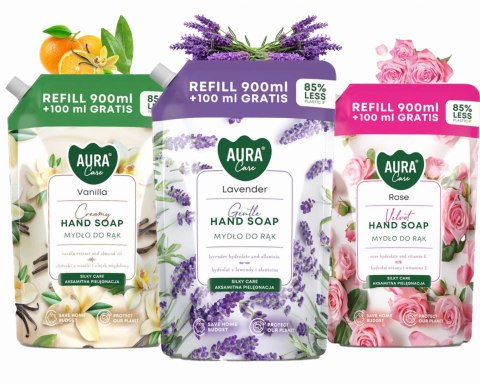 Zestaw 3x1000 ml AURA Care Mydło Do Rąk Uzupełniające Lawenda Róża Wanilia