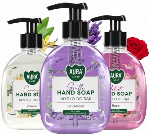 Zestaw 3x300 ml AURA Care Mydło Do Rąk Z Dozownikiem Lawenda Róża Wanilia