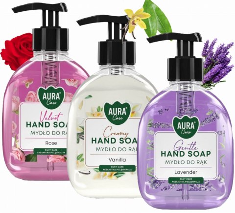 Zestaw 3x300 ml AURA Care Mydło Do Rąk Z Dozownikiem Lawenda Róża Wanilia
