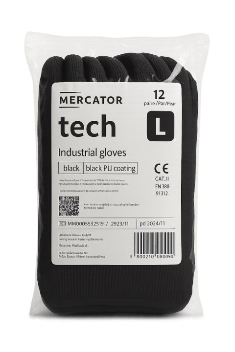 Rękawice Robocze MERCATOR Tech Black+Black PU - 12 Par (8 - M)