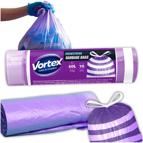 VORTEX Worki na śmieci z taśmą ściągającą HDPE 60X65CM fioletowo białe 60l/10 sztuk