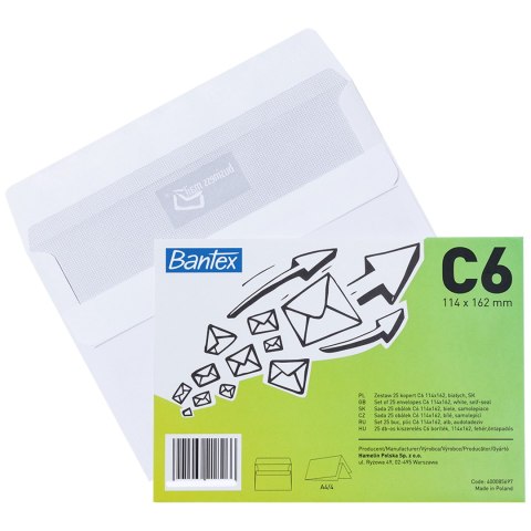 Koperta C6 Biała SK 114x162mm BANTEX 25 szt.